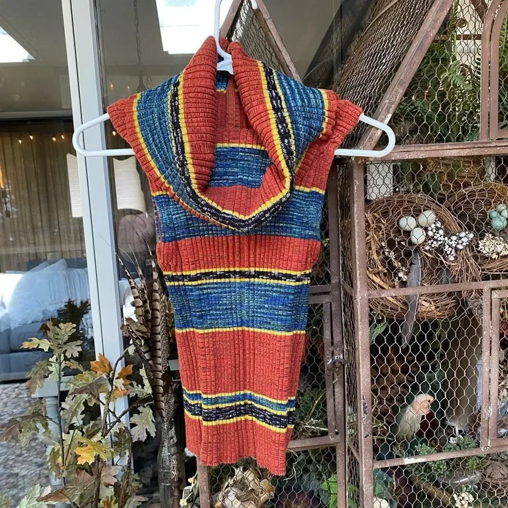Free People - Rust, Yellow & Blue Printed Sleeveless Turtleneck Sweater …